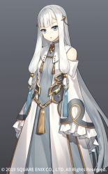 Rule 34 | 1girl, bare shoulders, character request, copyright notice, detached sleeves, dress, frilled sleeves, frills, gradient hair, grey background, grimms notes, hair ornament, long dress, long hair, low twintails, multicolored hair, official art, open mouth, sacanahen, solo, twintails, upper body, very long hair, white dress