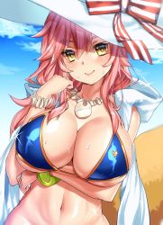 Rule 34 | 1girl, animal ears, bikini, blue bikini, blush, bracelet, breast hold, breasts, cleavage, cloud, day, fate/grand order, fate (series), fox ears, fox tail, hat, highres, jacket, jewelry, keita (tundereyuina), large breasts, long hair, looking at viewer, navel, necklace, open clothes, open jacket, pink hair, sky, smile, solo, sparkle, swimsuit, tail, tamamo (fate), tamamo no mae (fate/extra), tamamo no mae (swimsuit lancer) (fate), tamamo no mae (swimsuit lancer) (third ascension) (fate), white hat, yellow eyes
