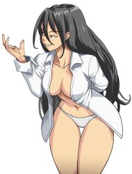 Rule 34 | 1girl, arms behind back, black hair, borrowed character, cowboy shot, crotch seam, grin, highres, leaning forward, long hair, m.u.g.e.n, navel, no bra, oggy (oggyoggy), open clothes, open shirt, original, panties, red eyes, shirt, smile, solo, tagme, tendril (mugen), thigh gap, thighs, transparent background, underwear, white panties, white shirt