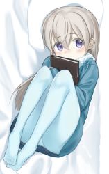 Rule 34 | 1girl, aged down, blue pantyhose, blush, commentary, curled up, eila ilmatar juutilainen, english commentary, fankupl, highres, lying, notebook, on back, pantyhose, pillow, purple eyes, silver hair, solo, strike witches, sweater, world witches series