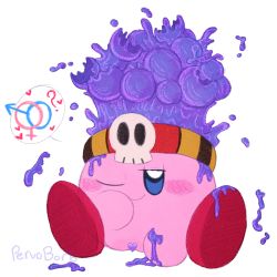 Rule 34 | 1girl, ?, artist name, black headwear, blue eyes, blush, blush stickers, bubble, censored, come hither, copy ability, female focus, hand on floor, hand on own face, heart, heart censor, jitome, kirby, kirby (series), mars symbol, multicolored clothes, multicolored headwear, naughty face, nintendo, no humans, one eye closed, pervoborb, pointless censoring, poison, pussy, red headwear, sexually suggestive, sitting, skull, skull ornament, smile, smirk, solo, spoken heart, spoken mars symbol, spoken venus symbol, spread legs, venus symbol, wink, yellow headwear, ⚤