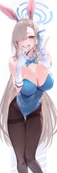Rule 34 | 1girl, absurdres, animal ears, asuna (blue archive), asuna (bunny) (blue archive), asymmetrical bangs, black pantyhose, blonde hair, blue archive, blue bow, blue bowtie, blue eyes, blue halo, blue leotard, blue ribbon, bow, bowtie, breasts, brown hair, cleavage, commentary request, detached collar, double v, elbow gloves, fake animal ears, gloves, hair ornament, hair over one eye, hair over shoulder, hair ribbon, halo, highres, inward v, large breasts, leotard, long hair, mole, mole on breast, official alternate costume, pantyhose, playboy bunny, rabbit ears, ribbon, simple background, smile, solo, standing, strapless, strapless leotard, tooyon, v, v over mouth, very long hair, white background, white gloves