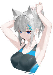 Rule 34 | 1girl, absurdres, adjusting clothes, animal ear fluff, animal ears, armpits, arms up, bare shoulders, blue archive, blue eyes, breasts, closed mouth, commentary, cropped torso, cross hair ornament, earrings, extra ears, grey hair, hair ornament, highres, jewelry, looking to the side, luozhou pile, medium breasts, medium hair, mouth hold, multicolored clothes, multicolored swimsuit, official alternate costume, one-piece swimsuit, ponytail, shiroko (blue archive), shiroko (swimsuit) (blue archive), simple background, solo, stud earrings, swimsuit, upper body, white background, wolf ears