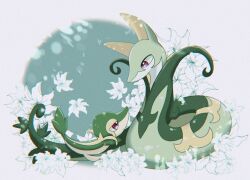 Rule 34 | colored skin, creatures (company), evolutionary line, flower, full body, game freak, gen 5 pokemon, green skin, looking at another, nintendo, no humans, pokemon, pokemon (creature), red eyes, serperior, smile, snake, snivy, white flower, ynmr ll