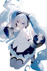 Rule 34 | 1girl, bare shoulders, black skirt, blue eyes, blue hair, blue nails, blue ribbon, commentary, detached sleeves, floating, grey thighhighs, hair ornament, half-closed eyes, hands up, hatsune miku, hatsune miku (nt), headphones, highres, layered sleeves, legs up, liita (dusk snow), long hair, looking at viewer, miniskirt, nail polish, neck ribbon, pleated skirt, ribbon, shirt, shoulder tattoo, skirt, sleeveless, sleeveless shirt, snowflake print, solo, tattoo, thighhighs, twintails, very long hair, vocaloid, white background, white shirt, white sleeves, yuki miku, zettai ryouiki