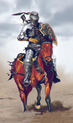 Rule 34 | 1other, absurdres, ambiguous gender, animal, armor, armored boots, boots, cloud, cloudy sky, commentary, english commentary, facing viewer, full armor, gloves, grey background, helm, helmet, highres, holding, holding shield, horse, knight, orange gloves, original, outdoors, riding, sand, shield, shoulder armor, sky, stirrups (riding)