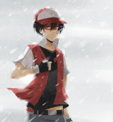Rule 34 | 1990s (style), 1boy, bad id, bad pixiv id, baseball cap, belt, black hair, creatures (company), denim, expressionless, fingerless gloves, game freak, gloves, hat, jeans, male focus, nintendo, pants, pixiv red, poke ball, pokemon, pokemon gsc, pokemon rgby, red (pokemon), red eyes, retro artstyle, snow, snowing, solo, suikka