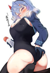 Rule 34 | 1girl, absurdres, ako (blue archive), ass, black one-piece swimsuit, black thighhighs, blue archive, blue eyes, blue gloves, blue hair, blue jacket, blush, breasts, cleavage, covered erect nipples, cropped jacket, gloves, hairband, highleg, highleg swimsuit, highres, jacket, kawa mura, large breasts, long sleeves, looking at viewer, looking back, lotion bottle, medium hair, one-piece swimsuit, shrug (clothing), solo, swimsuit, thighhighs, translation request