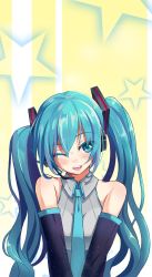 Rule 34 | 1girl, ;d, aqua eyes, aqua hair, bad id, bad pixiv id, bare shoulders, blush, breasts, detached sleeves, gradient background, hatsune miku, head tilt, headset, highres, long hair, looking at viewer, nai zi, necktie, one eye closed, open mouth, smile, solo, star (symbol), starry background, twintails, upper body, vocaloid, wing collar