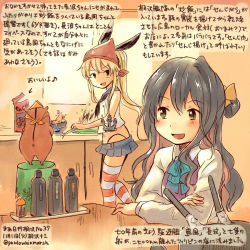 Rule 34 | &gt;:d, 10s, 2girls, :d, admiral (kancolle), alternate hairstyle, animal, aqua bow, aqua bowtie, black hair, blonde hair, bow, bowtie, commentary request, cooking, dated, dress, green eyes, hamster, head scarf, kantai collection, kirisawa juuzou, long hair, long sleeves, miniskirt, multicolored hair, multiple girls, naganami (kancolle), non-human admiral (kancolle), open mouth, pink hair, ponytail, sailor collar, school uniform, serafuku, shimakaze (kancolle), shirt, skirt, sleeveless, sleeveless dress, smile, striped clothes, striped legwear, striped thighhighs, thighhighs, traditional media, translation request, twitter username, v-shaped eyebrows, white shirt