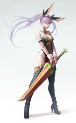 Rule 34 | 1girl, bad id, black ribbon, boots, breasts, cleavage, closed mouth, criss-cross halter, detached collar, dongho kang, full body, hair over eyes, hair ribbon, halterneck, halterneck, high heels, holding, holding sword, holding weapon, large breasts, long hair, original, profile, purple hair, realistic, ribbon, solo, standing, sword, thigh boots, thighhighs, twintails, very long hair, weapon, wrist cuffs