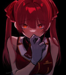 Rule 34 | 1girl, akaishi yashi, ascot, brooch, covering own mouth, gloves, hair ribbon, hand up, heterochromia, highres, hololive, houshou marine, jewelry, long hair, looking at viewer, red eyes, red hair, ribbon, shaded face, sleeveless, sleeveless jacket, solo, twintails, twitter username, virtual youtuber, yellow eyes