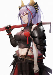 Rule 34 | 1girl, akafuyu (arknights), arknights, armor, bare shoulders, black bow, black gloves, black shirt, bow, braid, breasts, brown eyes, commentary, cowboy shot, crop top, gloves, grin, hair between eyes, hair bow, highres, holding, holding sword, holding weapon, katana, large breasts, lodbyy, long hair, looking at viewer, midriff, multicolored hair, navel, over shoulder, ponytail, purple hair, red hair, shirt, shoulder armor, sidelocks, single braid, single glove, smile, solo, standing, stomach, streaked hair, sword, weapon, weapon over shoulder