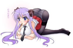 Rule 34 | 00s, 1girl, ass, blue eyes, blush, feet, food, hiiragi kagami, lucky star, mouth hold, narutaki shin, panties, panties under pantyhose, pantyhose, pocky, purple hair, solo, striped clothes, striped panties, thighband pantyhose, twintails, underwear