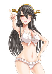 Rule 34 | 1girl, absurdres, bikini, black hair, breasts, brown hair, cleavage, contrapposto, cowboy shot, frilled bikini, frills, hair ornament, hairband, hairclip, haruna (kancolle), headgear, highres, kantai collection, looking at viewer, medium breasts, navel, one eye closed, pointing, simple background, skypixter, smile, solo, standing, swimsuit, white background, white bikini