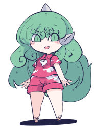 Rule 34 | 1girl, blush stickers, chahan (fried rice0614), fang, full body, green eyes, green hair, highres, horns, kariyushi shirt, komano aunn, long hair, one-hour drawing challenge, open mouth, red shirt, red shorts, shirt, short sleeves, shorts, simple background, single horn, smile, solo, touhou, white background, white shorts