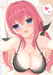 Rule 34 | 1girl, bare shoulders, black bra, black ribbon, blue eyes, blush, bra, breasts, cleavage, collarbone, commentary, double-parted bangs, eyelashes, eyes visible through hair, hair between eyes, hair ribbon, halterneck, hamidashi creative, head tilt, heart, highres, incoming hug, large breasts, light particles, long hair, looking at viewer, low twintails, open mouth, pov, red hair, ribbon, sidelocks, simple background, smile, solo, speech bubble, spoken heart, straight-on, sweatdrop, symbol-only commentary, tokiwa kano, twintails, underwear, upper body, utsunomiya tsumire, yellow background