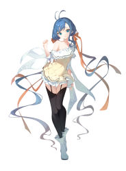Rule 34 | 1girl, :o, absurdly long hair, absurdres, antenna hair, black thighhighs, blue eyes, blue hair, breasts, dress, frilled dress, frills, full body, garter straps, hair ribbon, highres, long hair, looking at viewer, mishuo (misuo69421), off shoulder, orange ribbon, original, parted lips, ribbon, shoes, simple background, single bare shoulder, small breasts, solo, thighhighs, twintails, very long hair, white background, yellow dress