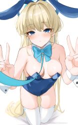 Rule 34 | 1girl, absurdres, animal ears, aqua bow, aqua bowtie, bare arms, bare shoulders, blonde hair, blue archive, blue eyes, blue leotard, blush, bow, bowtie, breasts, cleavage, closed mouth, detached collar, fake animal ears, hands up, highres, kneeling, leotard, long hair, looking at viewer, medium breasts, neko no suke (nekoneco118), playboy bunny, rabbit ears, simple background, solo, thighhighs, toki (blue archive), toki (bunny) (blue archive), v, white background, white thighhighs, wrist cuffs