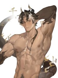 Rule 34 | 1boy, abs, arknights, arm behind head, chinese text, chong yue (arknights), commentary, dragon boy, dragon horns, dragon tail, earrings, hand out of frame, highres, horns, jewelry, looking at viewer, male focus, miyuame (myame0719), multicolored hair, muscular, muscular male, pectorals, pointy ears, ponytail, pubic hair, red eyes, symbol-only commentary, tail, translation request, white background