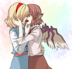 Rule 34 | 2girls, alice margatroid, alternate costume, animal ears, blonde hair, blush, contemporary, earrings, closed eyes, female focus, grabbing another&#039;s chin, hairband, hand on another&#039;s chin, imminent kiss, jewelry, kiss, multiple girls, mystia lorelei, pink hair, short hair, torinone, touhou, wings, yuri