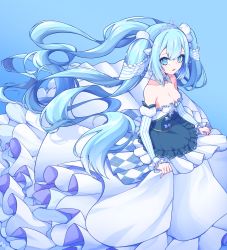 Rule 34 | 1girl, bare shoulders, blue background, blue eyes, blue hair, breasts, cleavage, frilled skirt, frills, g5 (g5 gugu), hatsune miku, highres, long hair, looking at viewer, medium breasts, musical note, open mouth, skirt, solo, twintails, vocaloid, yuki miku, yuki miku (2019)