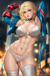 Rule 34 | 1girl, abs, armpits, arms up, blonde hair, blue eyes, blue jacket, bra, breasts, cammy white, cleavage, cropped jacket, facial scar, jacket, large breasts, looking at viewer, navel piercing, neoartcore, panties, piercing, scar, scar on cheek, scar on face, short hair, solo, street fighter, street fighter 6, thighhighs, underwear, white bra, white panties, white thighhighs