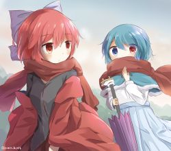 Rule 34 | 2girls, blue bow, blue capelet, blue eyes, blue skirt, bow, capelet, cloak, closed mouth, commentary, hair bow, heterochromia, holding, holding umbrella, multiple girls, outdoors, puchimirin, purple umbrella, red eyes, red scarf, scarf, sekibanki, shirt, skirt, symbol-only commentary, tatara kogasa, touhou, umbrella, white shirt