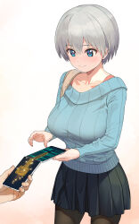 Rule 34 | 1girl, 1other, a1 (initial-g), black skirt, blue eyes, blue sweater, breasts, brown pantyhose, cellphone, closed mouth, collarbone, commentary request, gradient background, grey hair, hair ornament, heart, heart-shaped pupils, highres, holding, holding phone, large breasts, long sleeves, orange background, pantyhose, phone, short hair, skirt, smile, solo focus, standing, sweater, symbol-shaped pupils, uzaki-chan wa asobitai!, uzaki hana