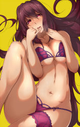 Rule 34 | 1girl, bikini, blush, breast press, breasts, brown hair, cleavage, fate/grand order, fate (series), large breasts, light purple hair, lips, long hair, looking at viewer, lying, navel, on back, purple hair, scathach (fate), scathach (fate), scathach (swimsuit assassin) (fate), simple background, solo, swimsuit, thigh strap, tokiwa mmm, underboob, yellow background