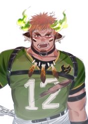 Rule 34 | 1boy, absurdres, alternate costume, animal collar, animal ears, bara, blush, brown hair, chain, chest harness, collar, cow boy, cow ears, ear piercing, facial hair, fiery horns, forked eyebrows, glowing horns, goatee, green shirt, harness, highres, horns, large pectorals, looking at viewer, male focus, muscular, nose piercing, pectorals, piercing, quirrel (gharnedanshyo), rugby uniform, shirt, short hair, shorts, sideburns, solo, sportswear, thick eyebrows, tokyo houkago summoners, torn clothes, torn shirt, upper body, wakan tanka, white shorts