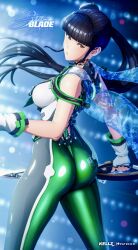 Rule 34 | 1girl, ass, black hair, blunt bangs, blurry, blurry background, bodysuit, breasts, brown eyes, commentary, copyright name, english commentary, eve (stellar blade), fingerless gloves, from behind, gloves, green bodysuit, highres, holding, holding sword, holding weapon, impossible bodysuit, impossible clothes, kellzallday, large breasts, long hair, looking back, multicolored bodysuit, multicolored clothes, patreon username, planet diving suit (7th) (stellar blade), ponytail, silver bodysuit, skin tight, sleeveless, sleeveless bodysuit, solo, stellar blade, sword, tight clothes, very long hair, weapon, white bodysuit, white gloves