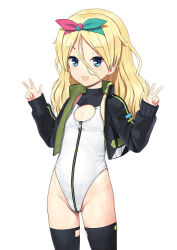 Rule 34 | 1girl, alice gear aegis, athletic leotard, black jacket, black thighhighs, blonde hair, blue eyes, blush, braid, center opening, clothing cutout, commentary request, companion/af, covered collarbone, cowboy shot, cropped jacket, dot nose, double v, eyes visible through hair, flat chest, front zipper, full-length zipper, groin, hair between eyes, hairband, heattech leotard, highleg, highleg leotard, highres, jacket, jiji (aardvark), leotard, long hair, long sleeves, looking at viewer, miyaminami hikari, open clothes, open jacket, open mouth, parted bangs, race queen, simple background, sleeveless, sleeveless turtleneck, sleeveless turtleneck leotard, smile, solo, standing, thighhighs, turtleneck, turtleneck jacket, v, w, wavy hair, white background, white leotard, zipper, zipper leotard, zipper pull tab
