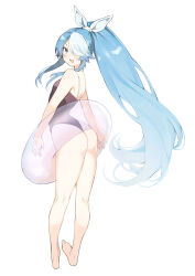 Rule 34 | 1girl, ass, azur lane, bare shoulders, barefoot, black one-piece swimsuit, blue eyes, blue hair, from behind, full body, hair over one eye, hair ribbon, high ponytail, highres, holding, holding innertube, innertube, long hair, looking at viewer, looking back, maille-breze (azur lane), misato pic, multicolored hair, one-piece swimsuit, open mouth, ribbon, sidelocks, simple background, solo, streaked hair, swimsuit, toes, very long hair, white background, white hair, white ribbon