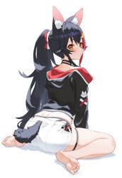 Rule 34 | 1girl, animal ears, ass, barefoot, black hair, blush, brown eyes, clothing cutout, commentary request, from behind, full body, hair ornament, hololive, izumi sai, jacket, long hair, long sleeves, looking at viewer, looking back, multicolored hair, ookami mio, ookami mio (hololive summer 2019), ponytail, red hair, shorts, simple background, sitting, solo, streaked hair, tail, tail through clothes, virtual youtuber, wariza, white background, white shorts, wolf ears, wolf girl, wolf tail