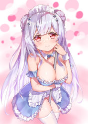 Rule 34 | 1girl, absurdres, apron, arm strap, azur lane, bare shoulders, between breasts, blue dress, braid, braided bun, breasts, classic (zildjian33), cleavage, collar, cygnet (an offer to be maid) (azur lane), cygnet (azur lane), cygnet (an offer to be maid) (azur lane), detached collar, double bun, dress, frilled apron, frills, hair bun, highres, holding, holding mop, large breasts, light purple hair, maid, maid apron, mop, official alternate costume, oppai loli, red eyes, sleeveless, sleeveless dress, solo, strapless, strapless dress, white apron, white collar