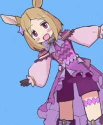 Rule 34 | 1girl, black gloves, blonde hair, blue background, blush stickers, boots, bow, bowtie, breasts, coat, feet out of frame, gloves, leaning to the side, looking at viewer, narita top road (umamusume), open mouth, purple coat, purple eyes, purple footwear, short hair, small breasts, smile, solo, standing, sudzume, thigh strap, umamusume