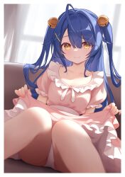 Rule 34 | 1girl, ahoge, alternate costume, amamiya kokoro, bell, blue hair, border, closed mouth, commentary, couch, dress, fanteam, frilled dress, frills, hair bell, hair ornament, highres, indoors, knees together feet apart, looking at viewer, nijisanji, on couch, panties, pink dress, puffy short sleeves, puffy sleeves, short sleeves, sitting, skirt hold, smile, solo, two side up, underwear, virtual youtuber, white border, white panties, x hair ornament, yellow eyes
