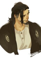 Rule 34 | 1boy, beard, brown eyes, brown hair, brown jacket, chengongzi123, closed mouth, cropped shoulders, facial hair, hanzo (overwatch), highres, jacket, long hair, looking to the side, male focus, overwatch, overwatch 1, shirt, simple background, solo, upper body, white background