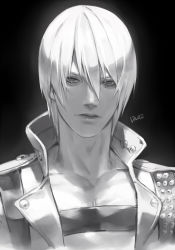Rule 34 | 1boy, bare pectorals, character name, closed mouth, coat, collarbone, dante (devil may cry), devil may cry, devil may cry (series), devil may cry 3, greyscale, hair between eyes, looking at viewer, male focus, monochrome, open clothes, open coat, pectorals, solo, talgi, upper body