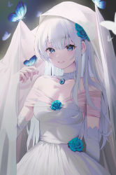 Rule 34 | 1girl, absurdres, bare shoulders, blue eyes, blue flower, blue rose, blush, breasts, bridal veil, bug, butterfly, butterfly on hand, cleavage, collarbone, commentary, cowboy shot, dark background, detached collar, detached sleeves, doongdang, dress, english commentary, flower, hair flower, hair ornament, highres, insect, light particles, long hair, long sleeves, medium breasts, off-shoulder dress, off shoulder, original, parted lips, rose, silver hair, solo, veil, very long hair, wedding dress, white dress