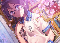 Rule 34 | 1girl, alternate hairstyle, aomine tomoko, arms behind back, black-framed eyewear, blush, book, bookshelf, braid, branch, breasts, brown eyes, brown hair, closed mouth, collarbone, collared shirt, dutch angle, emblem, glasses, gym uniform, hair over shoulder, holding, holding book, indoors, library, long hair, looking at viewer, open window, original, pairan, petals, revision, semi-rimless eyewear, shirt, short sleeves, single braid, small breasts, smile, solo, under-rim eyewear, upper body, white shirt, window, wing collar