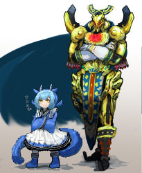 Rule 34 | 1boy, 1girl, absurdres, adeshi (adeshi0693119), apron, armor, blue hair, cape, crossed arms, dragon girl, dragon horns, dragon tail, dragonmaid (yu-gi-oh!), dress, duel monster, eldlich the golden lord, full body, gloves, glowing, glowing eyes, gold armor, height difference, helmet, highres, horns, laundry dragonmaid, loincloth, long sleeves, multicolored hair, pointy footwear, red eyes, short hair, short twintails, shoulder spikes, spikes, tail, twintails, two-tone hair, white gloves, wide sleeves, yellow eyes, yu-gi-oh!