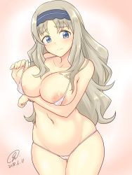 Rule 34 | 10s, 1girl, 9rimson, areola slip, bikini, blonde hair, blue eyes, breasts, cleavage, cleft of venus, collarbone, commentary request, cowboy shot, darling in the franxx, dated, embarrassed, gradient background, hairband, halterneck, highres, kokoro (darling in the franxx), large breasts, legs together, long hair, micro bikini, navel, nipples, parted bangs, pink background, pussy, see-through, signature, simple background, skindentation, solo, standing, string bikini, swimsuit, thighs, wavy hair, white bikini, wide hips