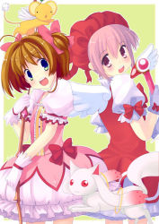 Rule 34 | 2girls, abondz, bow (weapon), brown hair, cardcaptor sakura, child, cosplay, costume switch, crossover, fuuin no tsue, gloves, hat, kaname madoka, kero (cardcaptor sakura), kinomoto sakura, kyubey, mahou shoujo madoka magica, mahou shoujo madoka magica (anime), multiple girls, pink hair, pink hat, red eyes, short hair, trait connection, twintails, wand, weapon, white gloves