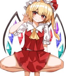 Rule 34 | 1girl, ascot, barefoot, blonde hair, blush, bow, crystal, flandre scarlet, frilled shirt, frilled shirt collar, frilled skirt, frilled sleeves, frills, hat, hat ribbon, highres, kiui (dagk8254), looking at viewer, mob cap, red bow, red eyes, red skirt, red vest, ribbon, shirt, short hair, simple background, skirt, smile, solo, spread legs, squatting, touhou, vest, wings, yellow ascot