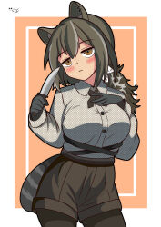 Rule 34 | 1girl, absurdres, animal ear piercing, animal ears, arknights, black gloves, black pantyhose, blush, breasts, brown eyes, brown hair, brown shorts, buttons, cowboy shot, cross tie, freckles, gloves, grey hair, hand on own chest, hendra, highres, large breasts, long sleeves, multicolored hair, pantyhose, pantyhose under shorts, ponytail, raccoon ears, raccoon girl, raccoon tail, robin (arknights), shirt, shirt tucked in, shorts, simple background, solo, streaked hair, tail, white shirt