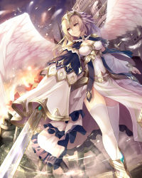 Rule 34 | 1girl, angel wings, armor, armored dress, blonde hair, breasts, cape, cleavage, closed mouth, feathered wings, hair between eyes, headpiece, highres, holding, holding sword, holding weapon, knight, long hair, medium breasts, noe noel, original, pelvic curtain, solo focus, sword, thighhighs, weapon, white thighhighs, white wings, wings, yellow eyes