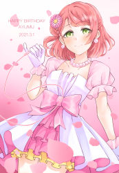 Rule 34 | 1girl, artist name, artist request, bare legs, blush, bow, braid, braided bun, breasts, cleavage, collarbone, dream with you (love live!), dress, dress bow, earrings, female focus, flower, frilled dress, frills, gloves, green eyes, hair bun, highres, jewelry, looking at viewer, love live!, love live! nijigasaki high school idol club, love live! school idol festival, medium breasts, necklace, orange hair, parted lips, pearl earrings, pearl necklace, petals, pink background, pink bow, pink flower, pink petals, pink skirt, pink wrist cuffs, pinky out, puffy short sleeves, puffy sleeves, red hair, short hair, short sleeves, side bun, single braid, single hair bun, skirt, smile, solo, uehara ayumu, uta (utauta ant), uta uta, utauta ant, white dress, white gloves, white skirt, wrist cuffs, yellow eyes