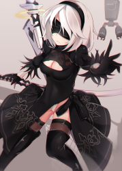 Rule 34 | 1girl, artist name, black dress, black footwear, black gloves, black thighhighs, blindfold, blurry, boots, breasts, cat, center opening, cleavage, depth of field, dress, facing viewer, gloves, grey background, hairband, highleg, highres, katana, large breasts, leotard, mole, mole under mouth, nahaki, nier (series), nier:automata, outstretched arm, parted lips, pod (nier:automata), shade, short hair, signature, sin-poi, solo, sword, thigh boots, thighhighs, thighs, weapon, white hair, white leotard, 2b (nier:automata)